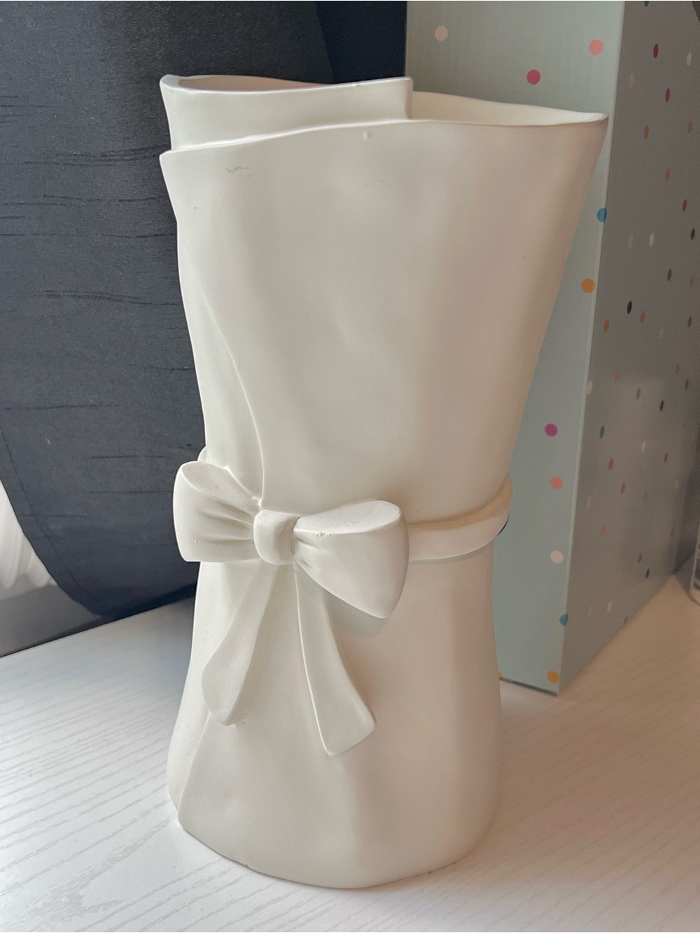 White Ceramic Vase with Ribbon Bow Accent
